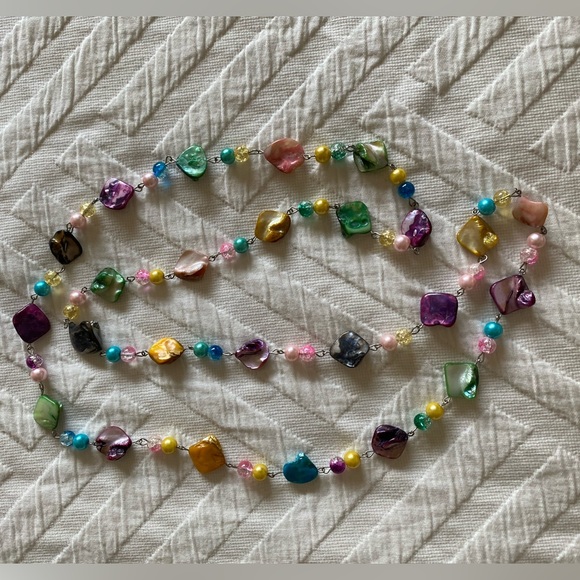 Jewelry - Vintage 46” colorful pastel pink blue purple green and yellow long necklace